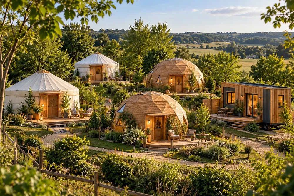 Projection d’ambiance : deux yourtes, deux dômes revêtus de bois et une tiny house sur roues, espacés dans une campagne verdoyante